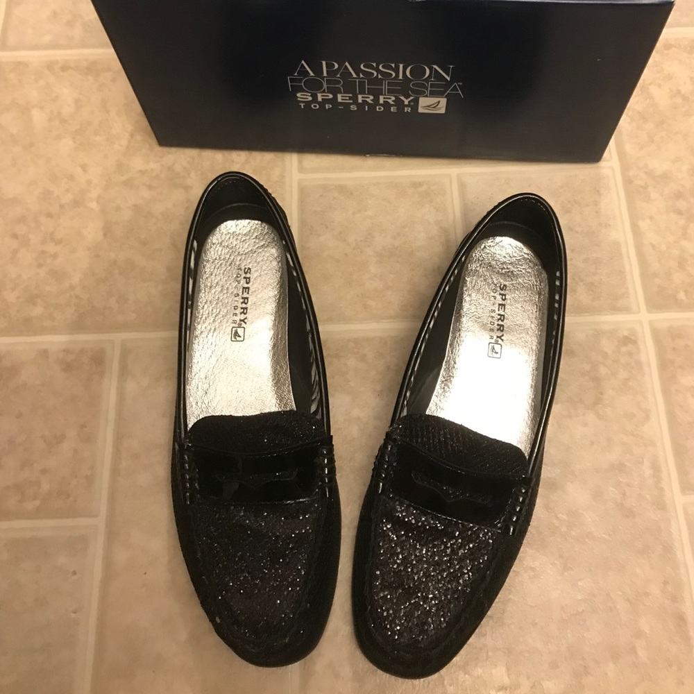 Sperry Hayden Black Glitter Patent Boat Shoe